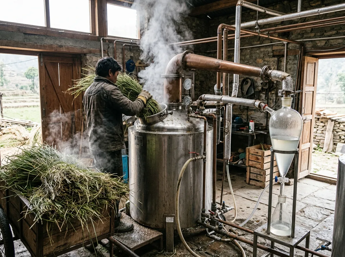 Bundles of cut palmarosa grass being loaded into a still